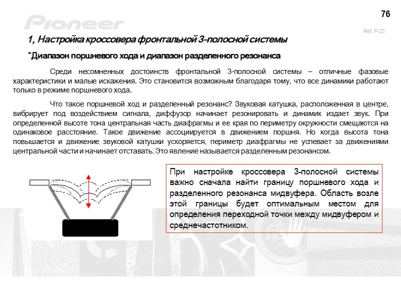76 1, Настройка кроссовера фронтальной 3-полосной системы *Диапазон поршневого хода и диапазон разделенного резонанса